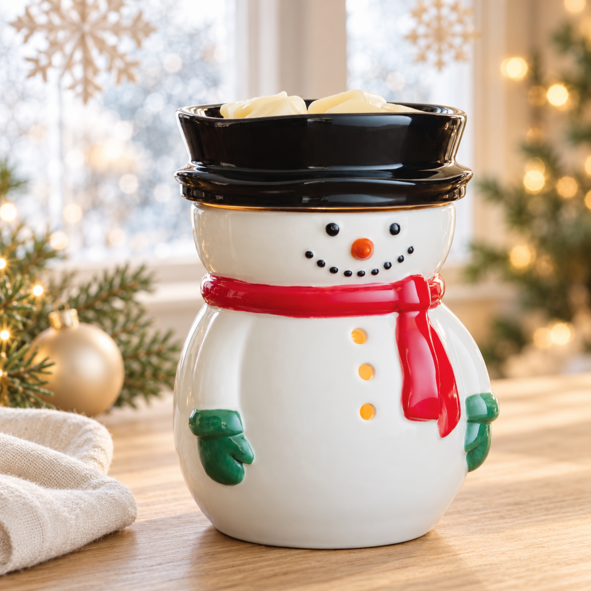 Snowman Christmas wax melter with a black hat, red scarf and green mittens, displayed on a wooden table beside festive greenery.