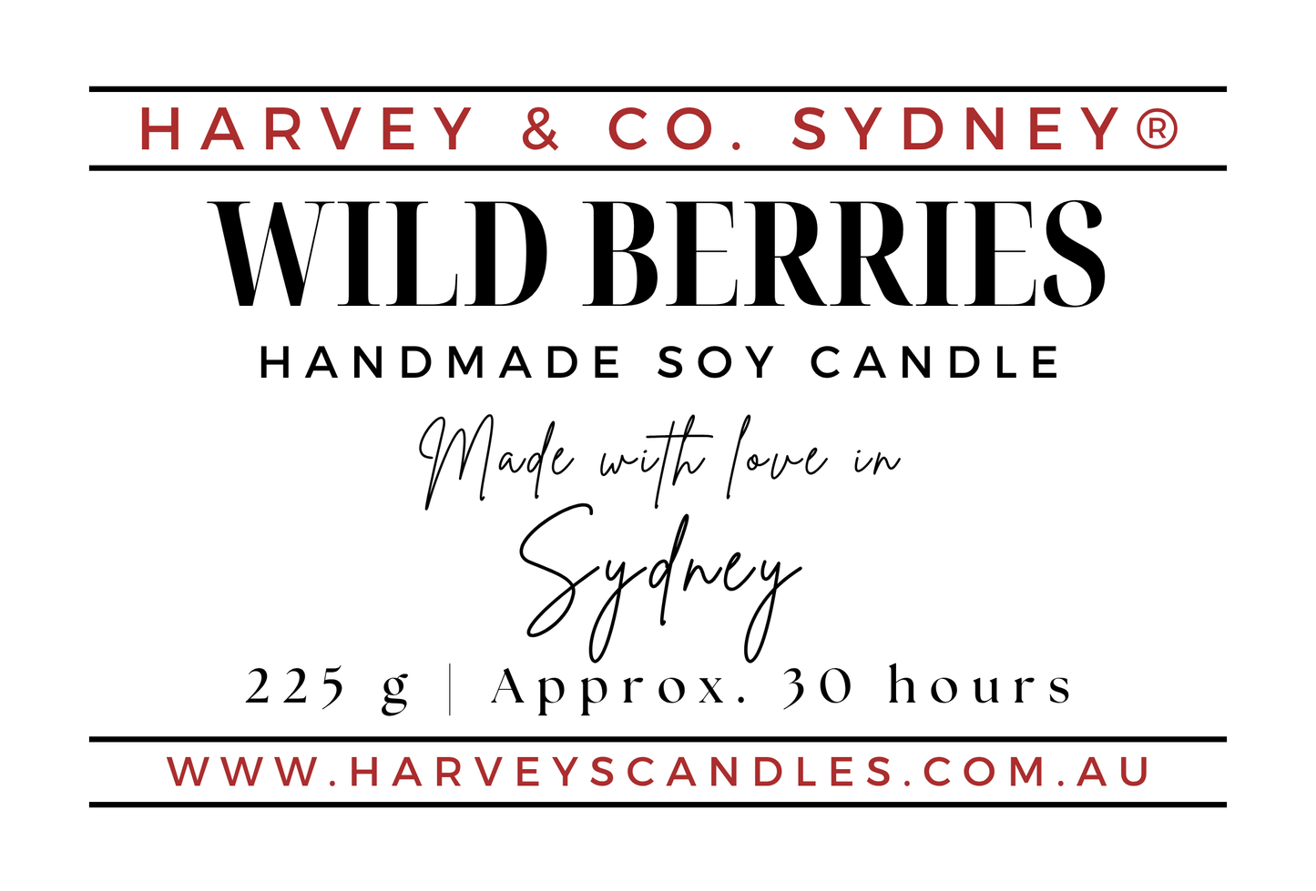 Product label for Harvey & Co. Sydney 'Wild Berries' handmade soy candle, showing scent name, 'Handmade Soy Candle' text, 'Made with love in Sydney', weight '225 g | Approx.