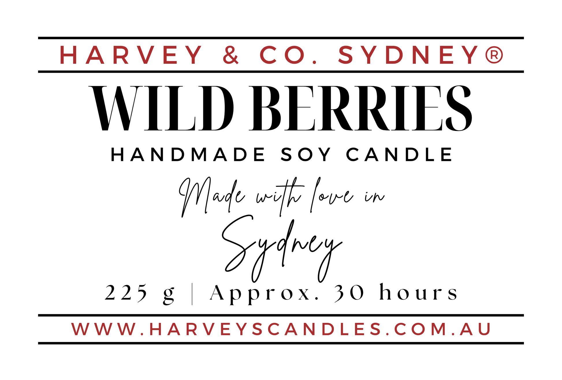 Product label for Harvey & Co. Sydney 'Wild Berries' handmade soy candle, showing scent name, 'Handmade Soy Candle' text, 'Made with love in Sydney', weight '225 g | Approx.