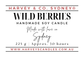 Product label for Harvey & Co. Sydney 'Wild Berries' handmade soy candle, showing scent name, 'Handmade Soy Candle' text, 'Made with love in Sydney', weight '225 g | Approx.