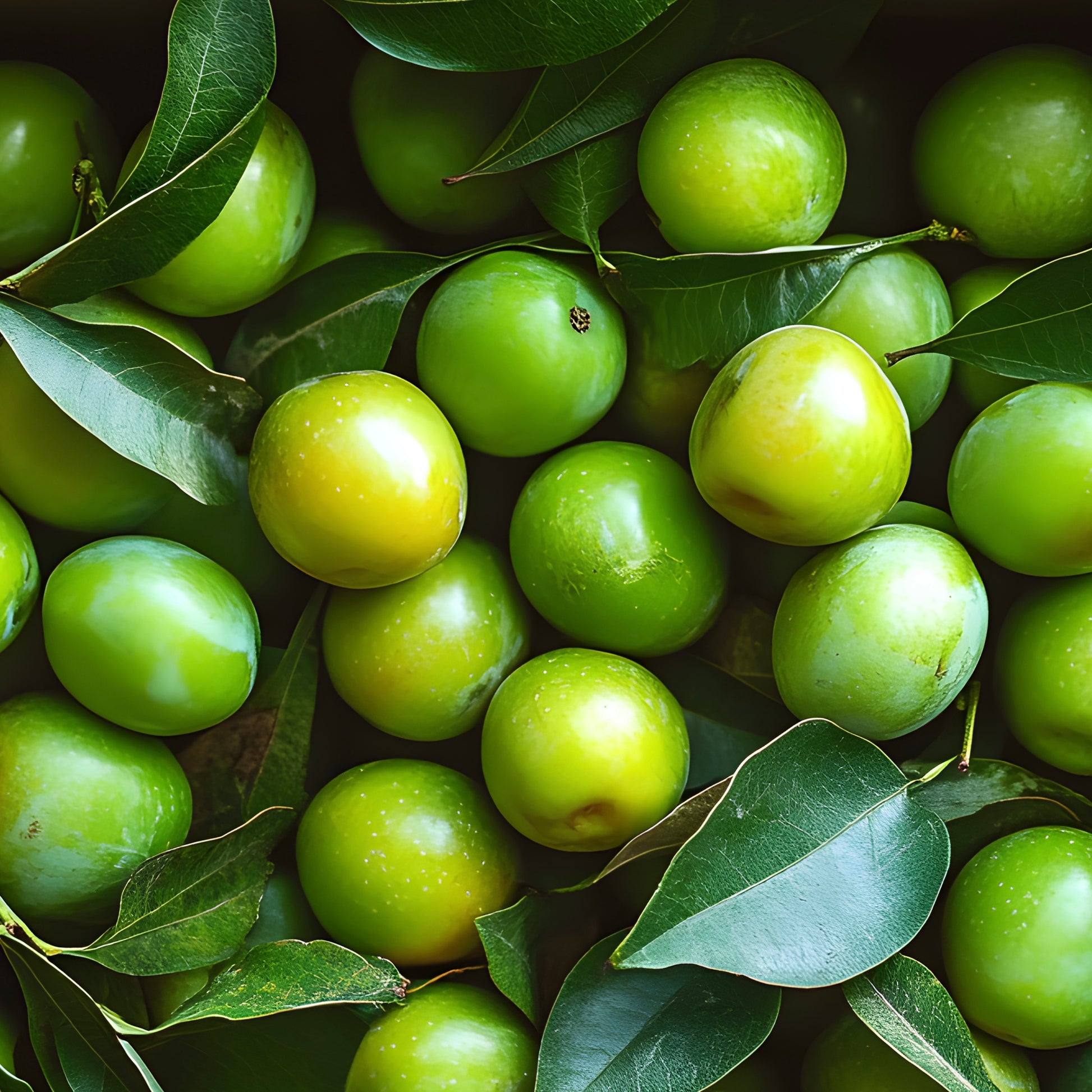 Close-up of green fruits (Kakadu Plums) with leaves