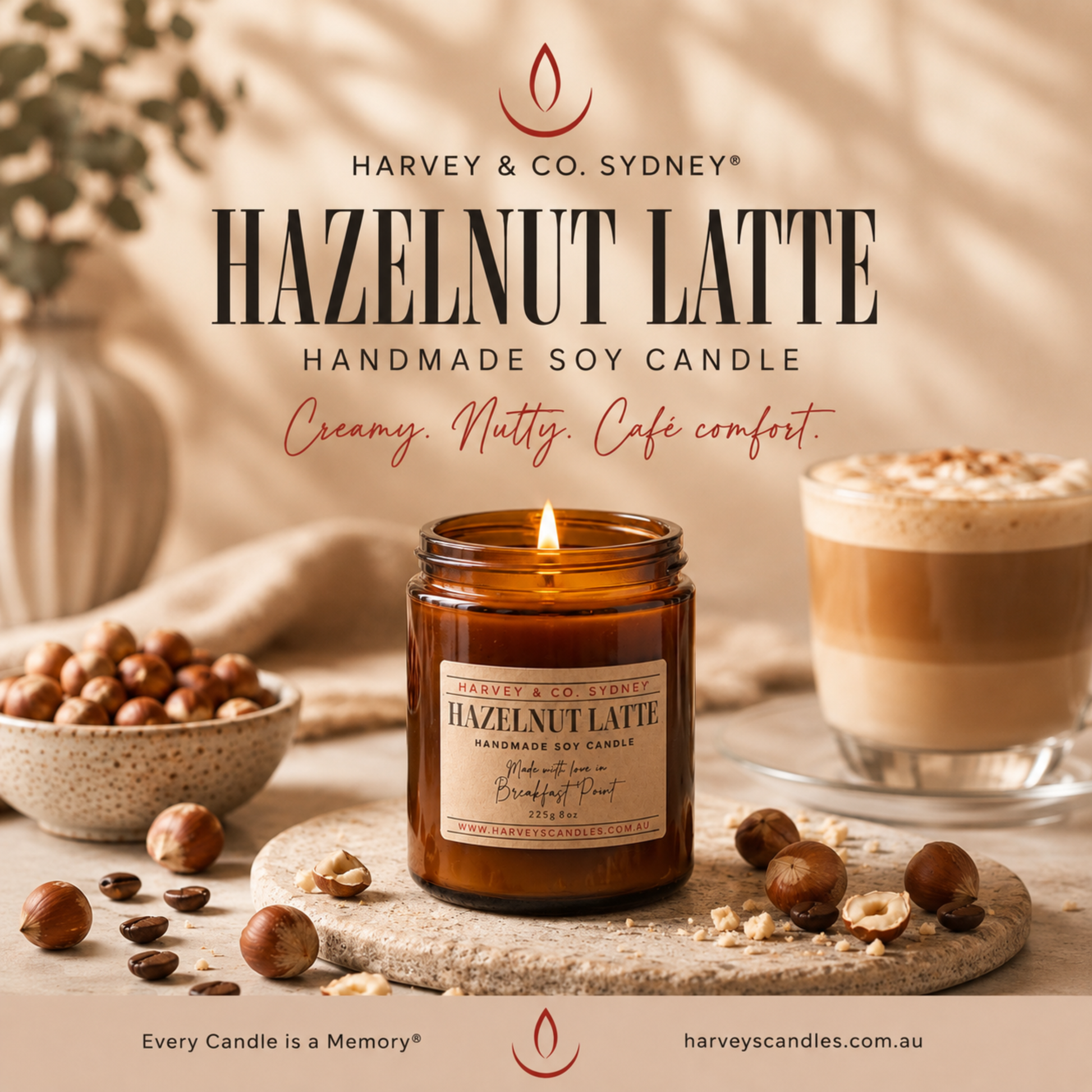Scented soy jar candle in amber glass with a burning wick, hazelnut and coffee fragrance notes for a warm evening