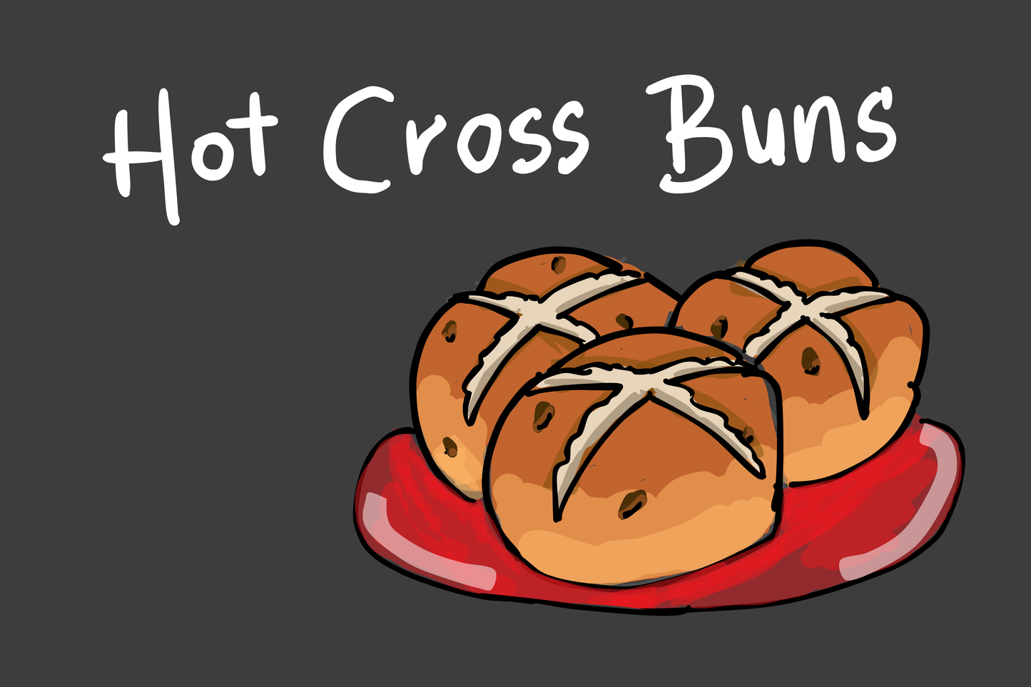 Illustration of hot cross buns on a red plate with 'Hot Cross Buns' text above.