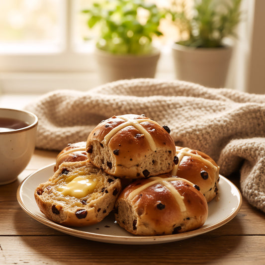 Plate of hot cross buns with a cup of tea on a wooden table, with a cozy background.