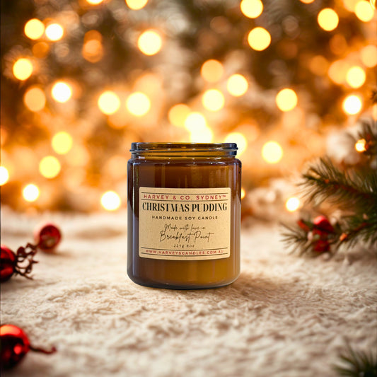 Harvey & Co. Sydney Christmas Pudding candle with festive background