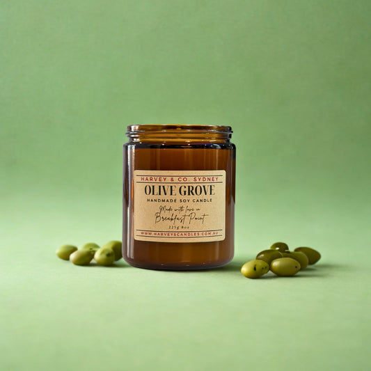Jar of 'Olive Grove' candle with olives on a green background