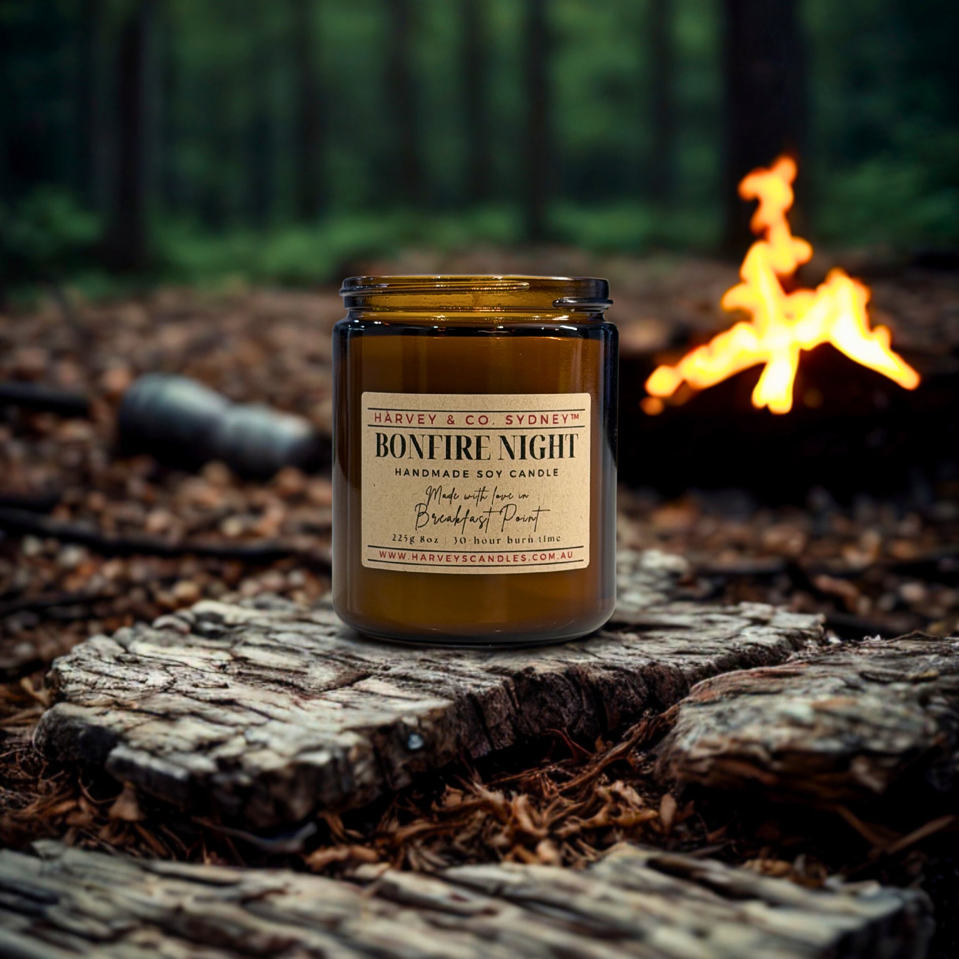Candle labeled 'Bonfire Night' on a wooden stump with a campfire in the background