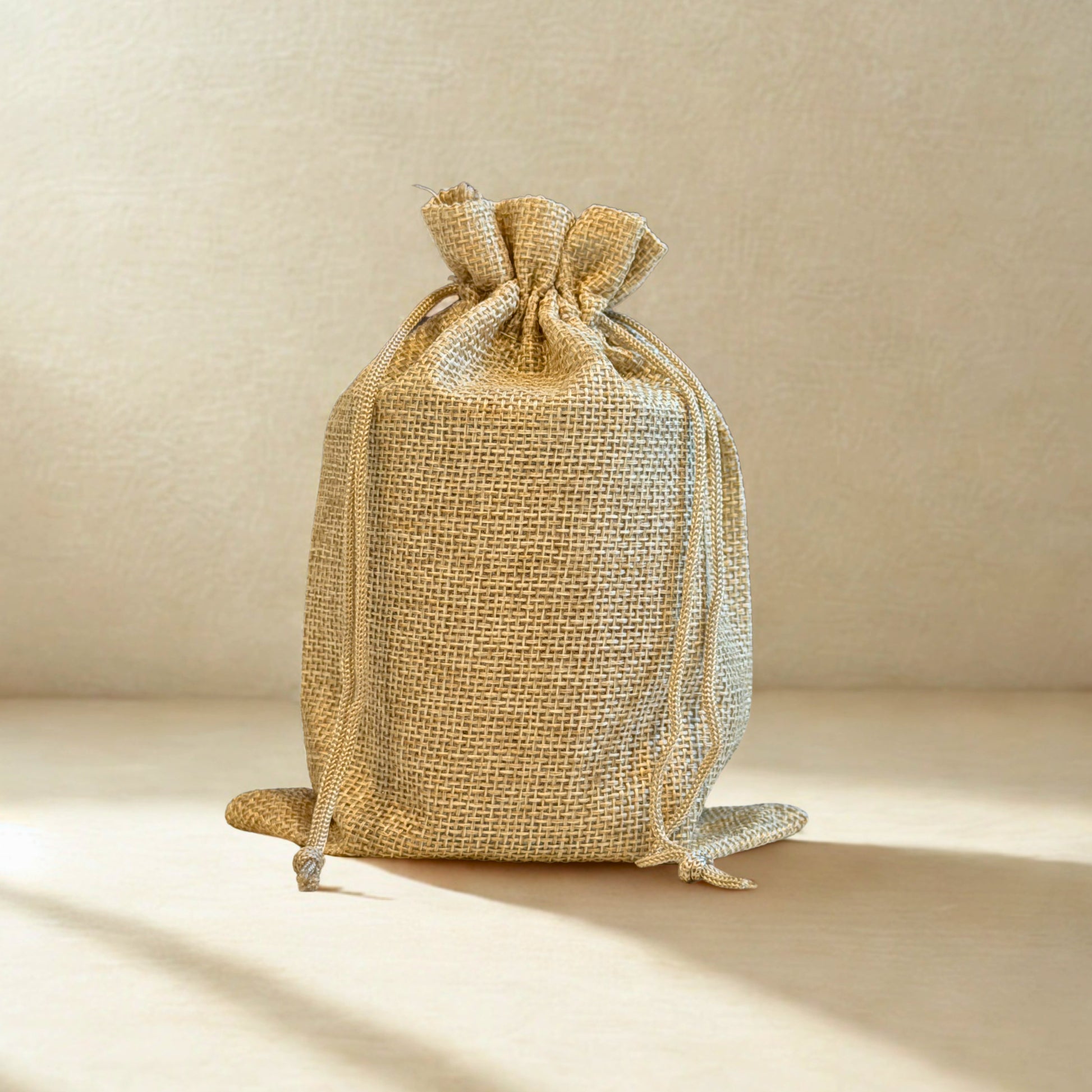 Jute drawstring bag on a beige background