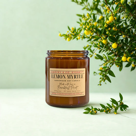Brown candle jar labeled 'Lemon Myrtle' with green leaves and yellow berries on a light green background