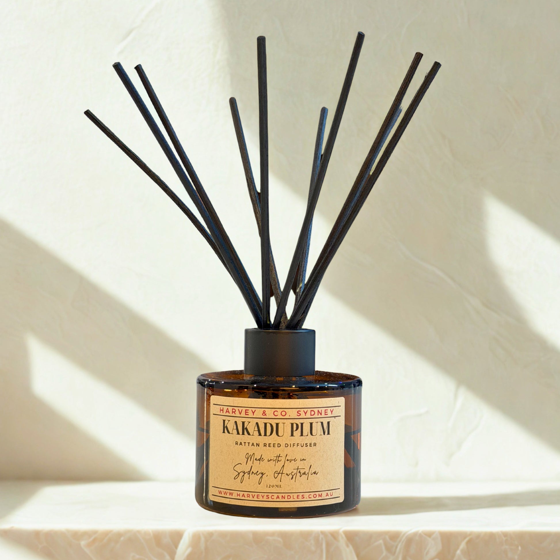 Kakadu Plum diffuser with black sticks on a light background. This is an example image of our diffuser products. 