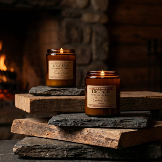 Two candles on stone plinths with a fireplace in the background