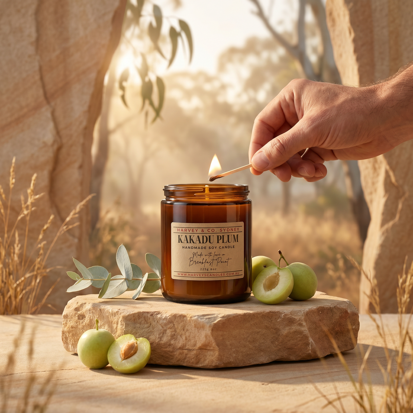 Hand lighting a candle labeled 'Kakadu Plum' with natural elements in the background