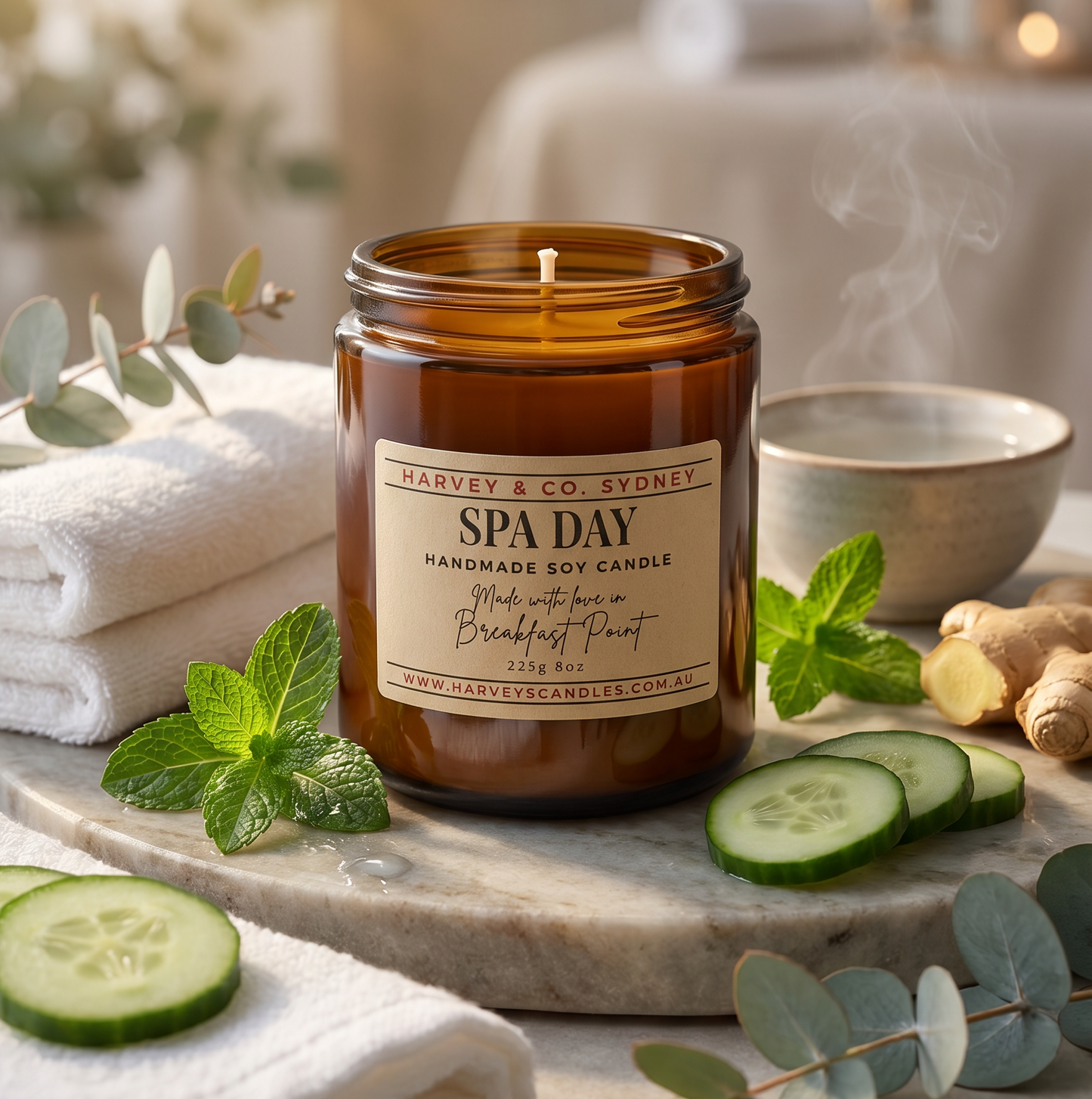 Spa-themed candle with 'Spa Day' label on a marble surface with towels and cucumbers.