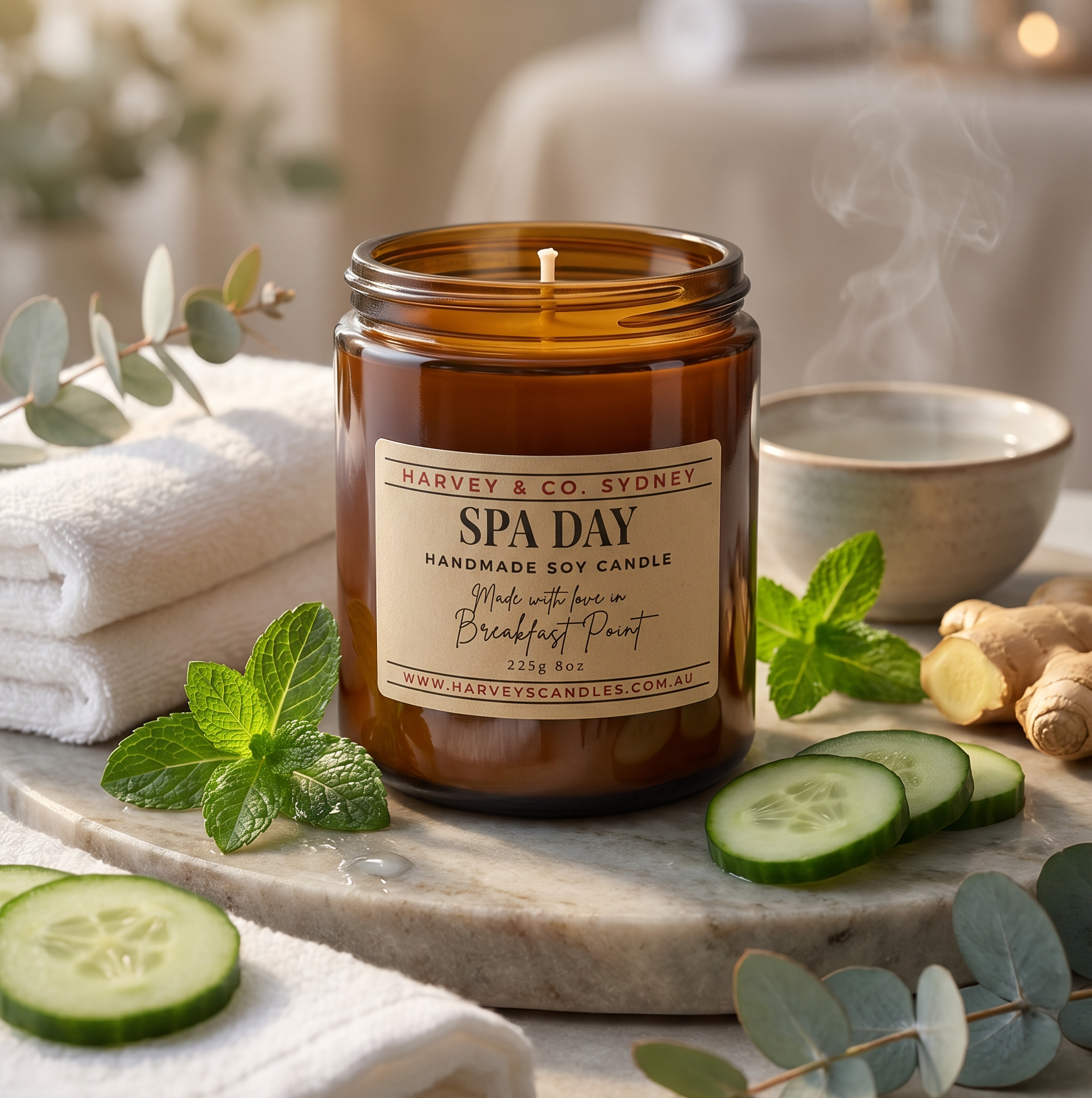 Spa-themed candle with 'Spa Day' label on a marble surface with towels and cucumbers.