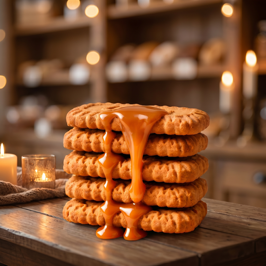 Stack of cookies with caramel sauce on a wooden table in a warm, cozy setting.