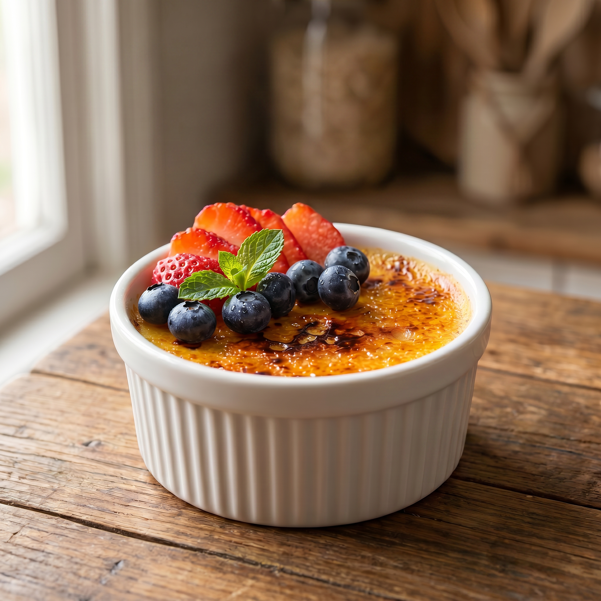 Creme bréleé with berries on a wooden surface
