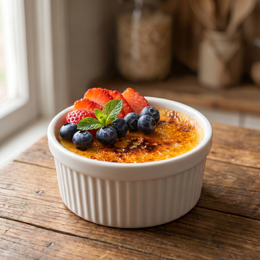 Creme bréleé with berries on a wooden surface