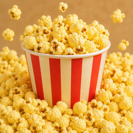 A red and cream striped popcorn bucket filled with fluffy yellow popcorn, surrounded by scattered popcorn on a warm tan background.