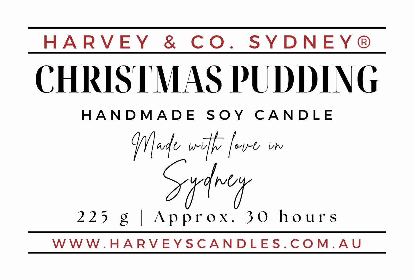 Product label for Harvey & Co. Sydney Christmas Pudding handmade soy candle, featuring red and black text on a white background.