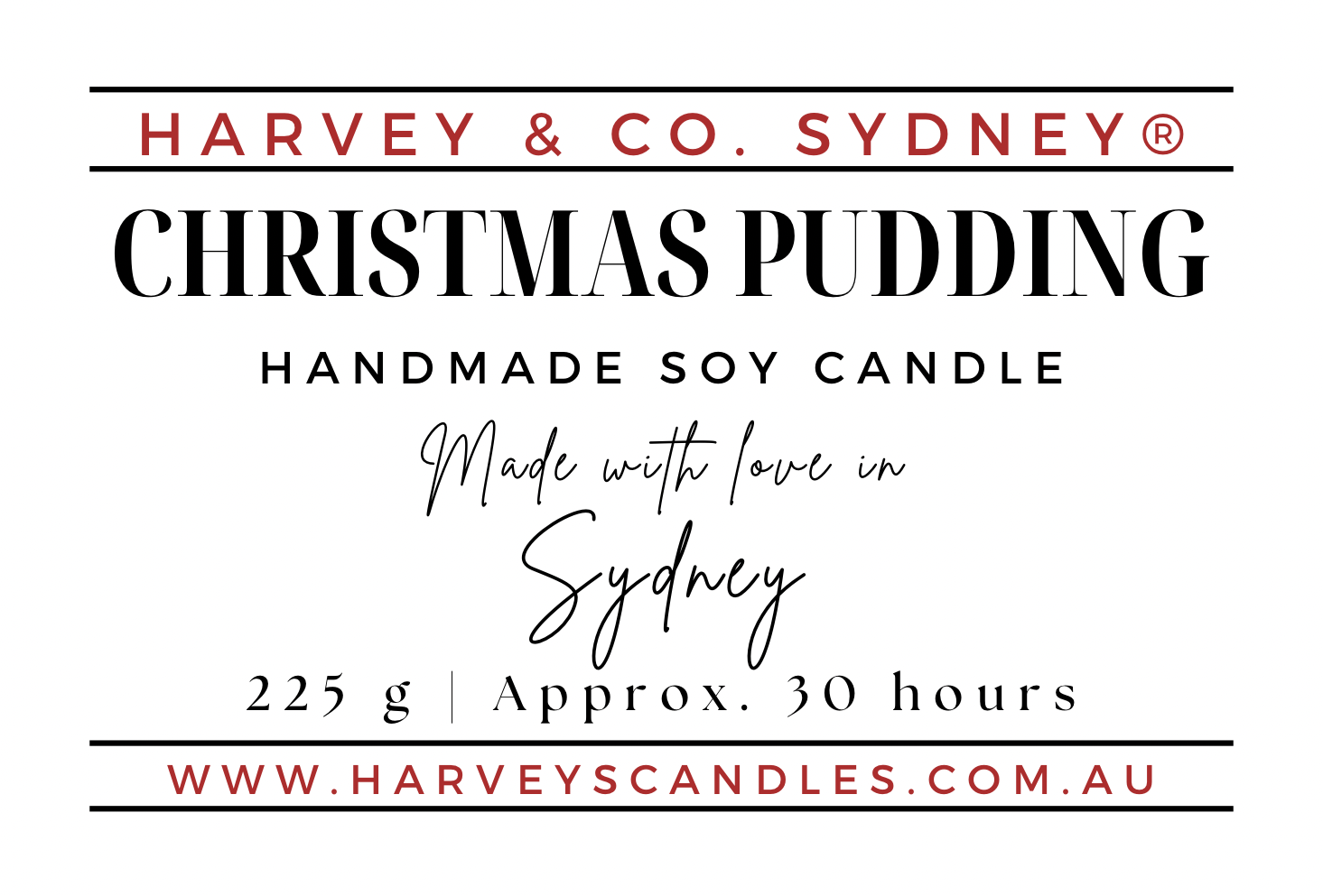 Product label for Harvey & Co. Sydney Christmas Pudding handmade soy candle, featuring red and black text on a white background.