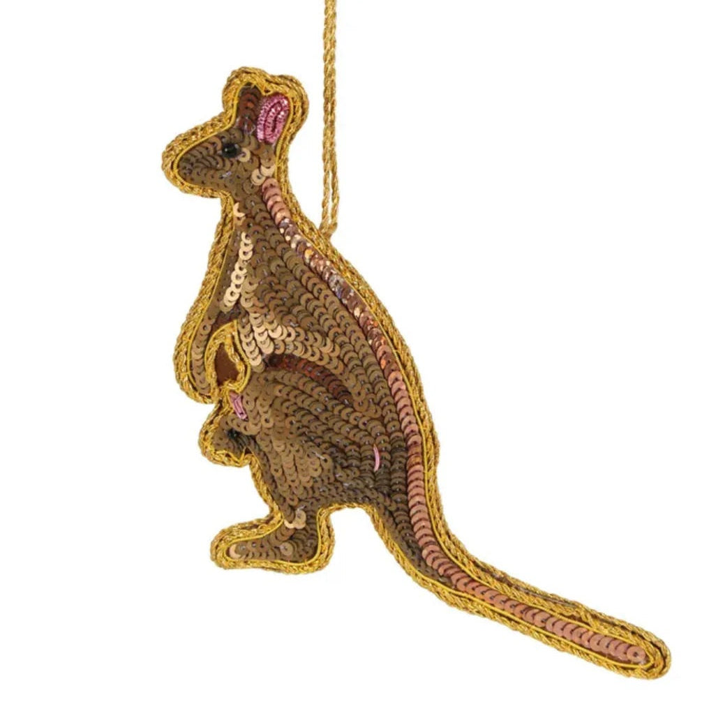 Sequined kangaroo toy on a white background
