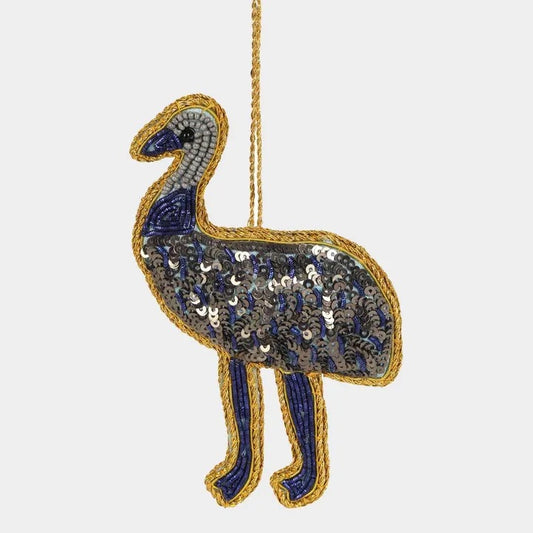 Decorative emu ornament with blue and gold details on a white background