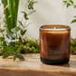 An amber glass jar candle with a wick sits on a wooden tray surrounded by green plants against a soft beige background. The candle has white text on the front that reads 'EVERY CANDLE IS A MEMORY'.