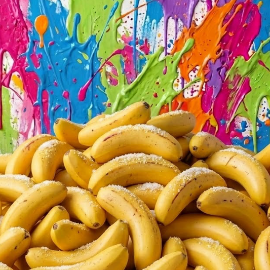 A large pile of ripe yellow bananas dusted with white sugar or salt, set against a vibrant multicolor paint splatter background.