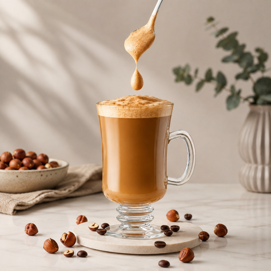 A frothy latte in a clear glass mug with a handle, set on a marble surface with scattered coffee beans and whole nuts around it. A spoon above holds a dripping scoop of the latte, and a small bowl of nuts plus a vase with greenery appear softly in the background.