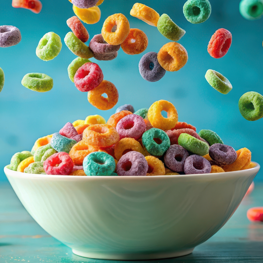 Colorful cereal loops falling into a bowl against a blue background