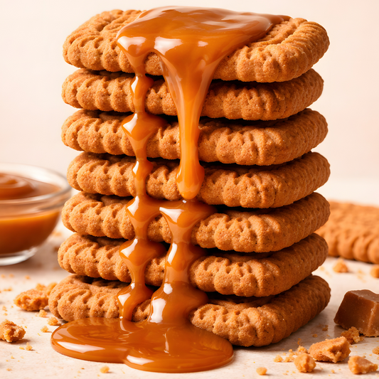 Stack of Biscoff looking cookies with caramel sauce on a light background