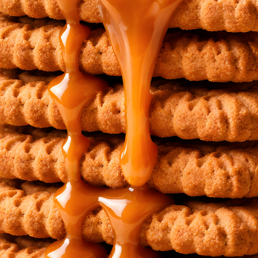 Stack of Biscoff looking cookies with caramel sauce on a light background