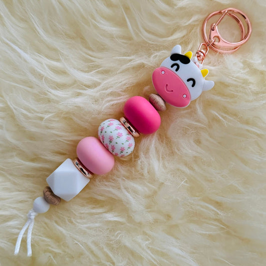 Pink Cow Silicone Bead Keychain