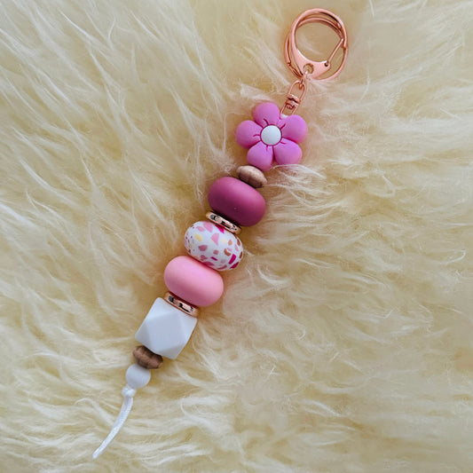Pink Flower Silicone Bead Keychain