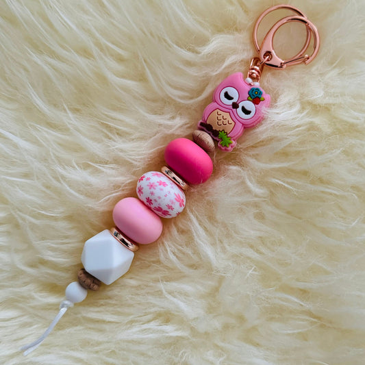 Pink Owl Silicone Bead Keychain